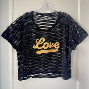 Julia by Love J Black Mesh Cropped Tee Love Patch Size 2X